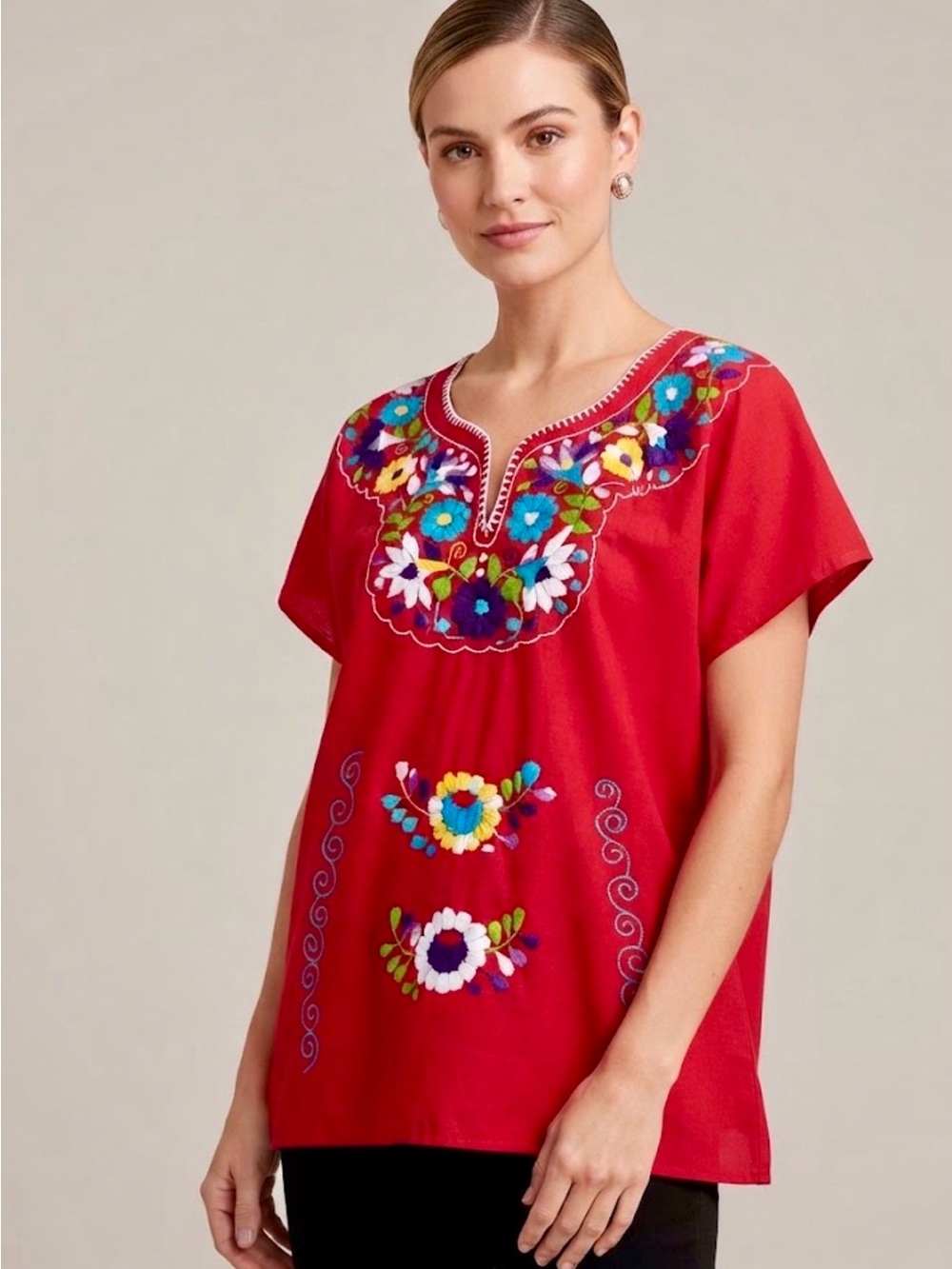 Women's Bright Red Mexican Artisan Blouse Colorful Floral Embroidered Size XXL